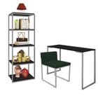 Kit Escritório Ravi 1 Cadeira Suede Verde com 1 Mesa e 1 Livreiro Ferro Cinza MDF Preto - Ahazzo Móveis