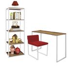 Kit Escritório Ravi 1 Cadeira Suede Vermelho com 1 Mesa e 1 Livreiro Ferro Branco MDF Freijó - Ahazzo Móveis