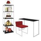 Kit Escritório Ravi 1 Cadeira Suede Vermelho com 1 Mesa e 1 Livreiro Ferro Branco MDF Preto - Ahazzo Móveis