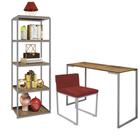 Kit Escritório Ravi 1 Cadeira Suede Vermelho com 1 Mesa e 1 Livreiro Ferro Prata MDF Castanho - Ahazzo Móveis