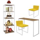 Kit Escritório Ravi 2 Cadeiras Suede Amarelo com 1 Mesa e 1 Livreiro Ferro Branco MDF Demolição - Ahazzo Móveis