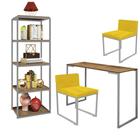 Kit Escritório Ravi 2 Cadeiras Suede Amarelo com 1 Mesa e 1 Livreiro Ferro Cinza MDF Freijó - Ahazzo Móveis