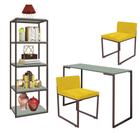 Kit Escritório Ravi 2 Cadeiras Suede Amarelo com 1 Mesa e 1 Livreiro Ferro Marrom MDF Verde Oliva - Ahazzo Móveis