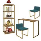 Kit Escritório Ravi 2 Cadeiras Suede Azul Turquesa com 1 Mesa e 1 Livreiro Ferro Dourado MDF Freijó - Ahazzo Móveis