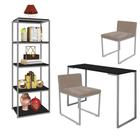 Kit Escritório Ravi 2 Cadeiras Suede Bege com 1 Mesa e 1 Livreiro Ferro Prata MDF Preto - Ahazzo Móveis