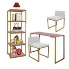 Kit Escritório Ravi 2 Cadeiras Suede Branco com 1 Mesa e 1 Livreiro Ferro Dourado MDF Rose Rosa - Ahazzo Móveis