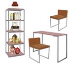 Kit Escritório Ravi 2 Cadeiras Suede Terracota com 1 Mesa e 1 Livreiro Ferro Cinza MDF Rose Rosa - Ahazzo Móveis