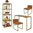 Kit Escritório Ravi 2 Cadeiras Suede Terracota com 1 Mesa e 1 Livreiro Ferro Dourado MDF Imbuia - Ahazzo Móveis