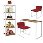 Kit Escritório Ravi 2 Cadeiras Suede Vermelho com 1 Mesa e 1 Livreiro Ferro Branco MDF Carvalho - Ahazzo Móveis