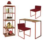 Kit Escritório Ravi 2 Cadeiras Suede Vermelho com 1 Mesa e 1 Livreiro Ferro Bronze MDF Malbec - Ahazzo Móveis