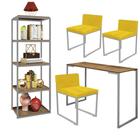 Kit Escritório Ravi 3 Cadeiras Suede Amarelo com 1 Mesa e 1 Livreiro Ferro Cinza MDF Caramelo - Ahazzo Móveis