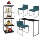 Kit Escritório Ravi 3 Cadeiras Suede Azul Turquesa com 1 Mesa e 1 Livreiro Ferro Prata MDF Preto - Ahazzo Móveis