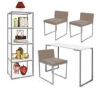 Kit Escritório Ravi 3 Cadeiras Suede Bege com 1 Mesa e 1 Livreiro Ferro Cinza MDF Branco - Ahazzo Móveis