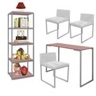 Kit Escritório Ravi 3 Cadeiras Suede Branco com 1 Mesa e 1 Livreiro Ferro Cinza MDF Rose Rosa - Ahazzo Móveis