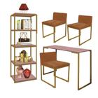 Kit Escritório Ravi 3 Cadeiras Suede Terracota com 1 Mesa e 1 Livreiro Ferro Dourado MDF Rose Rosa - Ahazzo Móveis