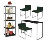 Kit Escritório Ravi 3 Cadeiras Suede Verde com 1 Mesa e 1 Livreiro Ferro Prata MDF Preto - Ahazzo Móveis