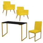 Kit Escritório Stan 2 Poltronas Capitonê com Cadeira e Mesa Industrial Preto Dourado Suede Amarelo - Ahz Móveis