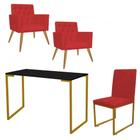 Kit Escritório Stan 2 Poltronas Capitonê com Cadeira e Mesa Industrial Preto Dourado Suede Vermelho - Ahazzo Móveis