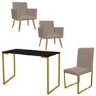 Kit Escritório Stan 2 Poltronas com Cadeira e Mesa Industrial Tampo Preto Dourado Suede Bege - Ahz Móveis