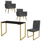 Kit Escritório Stan 2 Poltronas com Cadeira e Mesa Industrial Tampo Preto Dourado Suede Cinza - Ahazzo Móveis