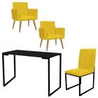 Kit Escritório Stan 2 Poltronas com Cadeira e Mesa Industrial Tampo Preto material sintético Amarelo - Ahazzo Móveis