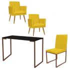 Kit Escritório Stan 2 Poltronas Rodapé com Cadeira e Mesa Industrial Preto Bronze Tecido Sintético Amarelo - Ahz Móveis