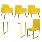 Kit Escritório Stan 3 Poltronas Capitonê com Cadeira e Mesa Industrial Branco Dourado material sintético Amarelo - Ahz Móveis