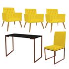 Kit Escritório Stan 3 Poltronas Capitonê com Cadeira e Mesa Industrial Preto Bronze Suede Amarelo - Ahz Móveis