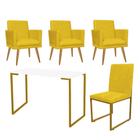 Kit Escritório Stan 3 Poltronas Rodapé com Cadeira e Mesa Industrial Branco Dourado Suede Amarelo - Ahz Móveis