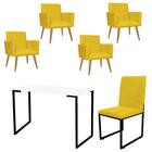 Kit Escritório Stan 4 Poltronas com Cadeira e Mesa Industrial Tampo Branco Preto Suede Amarelo - Ahazzo Móveis