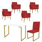 Kit Escritório Stan 4 Poltronas Rodapé com Cadeira e Mesa Industrial Branco Dourado Suede Vermelho - Ahz Móveis