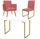 Kit Escritório Stan Poltrona Rodapé com Cadeira e Mesa Industrial Branco Dourado Suede Rose Gold - Ahz Móveis