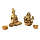 Kit Estátua Ganesha + Buda Hindu + 2 Castiçais Incensários Resina Dourado Combo