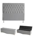 Kit Estrela Cabeceira De Cama Box e Calçadeira Baú Pés Palito Botão Cristal Casal 140 Cm Suede Prata Eli Móveis