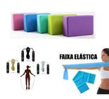 Kit Exercicio Em Casa Bloco De Yoga + Corda + Faxa Elastica