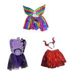 Kit Fantasia Infantil Menina Com Asas Colorida Bruxinha Carnaval Tiara E Saia