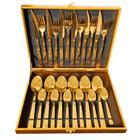 Kit Faqueiro Talheres Com Maleta 24 Peças Em Inox C/ Dourado