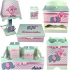 Kit farmacinha Higiene bebê Mdf 8 pçs - CHEVRON ROSA COM ELEFANTE ROSA