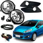 Kit Farol Auxiliar Milha New Fiesta 2013 2014 2015 2016 Moldura Preta C/ Aro Cromado Botao Touch