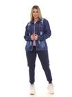 KIT Feminino 2 Peças - Jaqueta Maxxi Oversized Jeans Simples com Rasgos e Calça Moletom Básica Azul Marinho