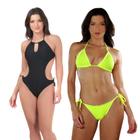 Kit Feminino Maiô e Biquíni Liso Bojo Removível Moda Praia Verão Com Amarração Mulher Elegante