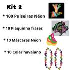 Kit Festa 130 unid. Pulseiras Néon, Tiara, Óculos, Gravata, Colar Havaiano, Máscara Néon, Plaquinhas frases, Chapéu coqu - Nawa festas