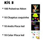 Kit Festa 130 unid. Pulseiras Néon, Tiara, Óculos, Gravata, Colar Havaiano, Máscara Néon, Plaquinhas frases, Chapéu coqu - Nawa festas