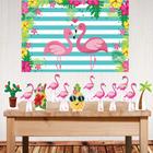 Kit festa Flamingo com displays de mesa e painel poli banner