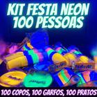 Kit festa Neon 100 pessoas ,colorido descartavel- 100 copos, 100 pratinhos e 100 garfos neon Brilha na luz negra