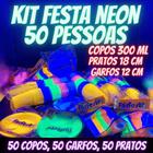 Kit festa Neon 300ml 50 pessoas ,colorido descartavel- 50 copos, 50 pratinhos e 50 garfos neon Brilha na luz negra