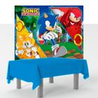 Kit festa Sonic Decoração Anive Toalha azul +Painel Plastico