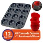Kit Forma Assadeira Cupcake + 12 Forminhas Silicone Antiaderente Empada Pão Queijo Não Gruda Reutilizável Não Quebra