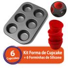Kit Forma Assadeira Cupcake + 6 Forminhas Silicone Antiaderente Empada Pão Queijo Reutilizável