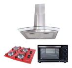 Kit Forno Elétrico Cooktop 4 Bocas Vermelho Coifa 60 Cm Safanelli